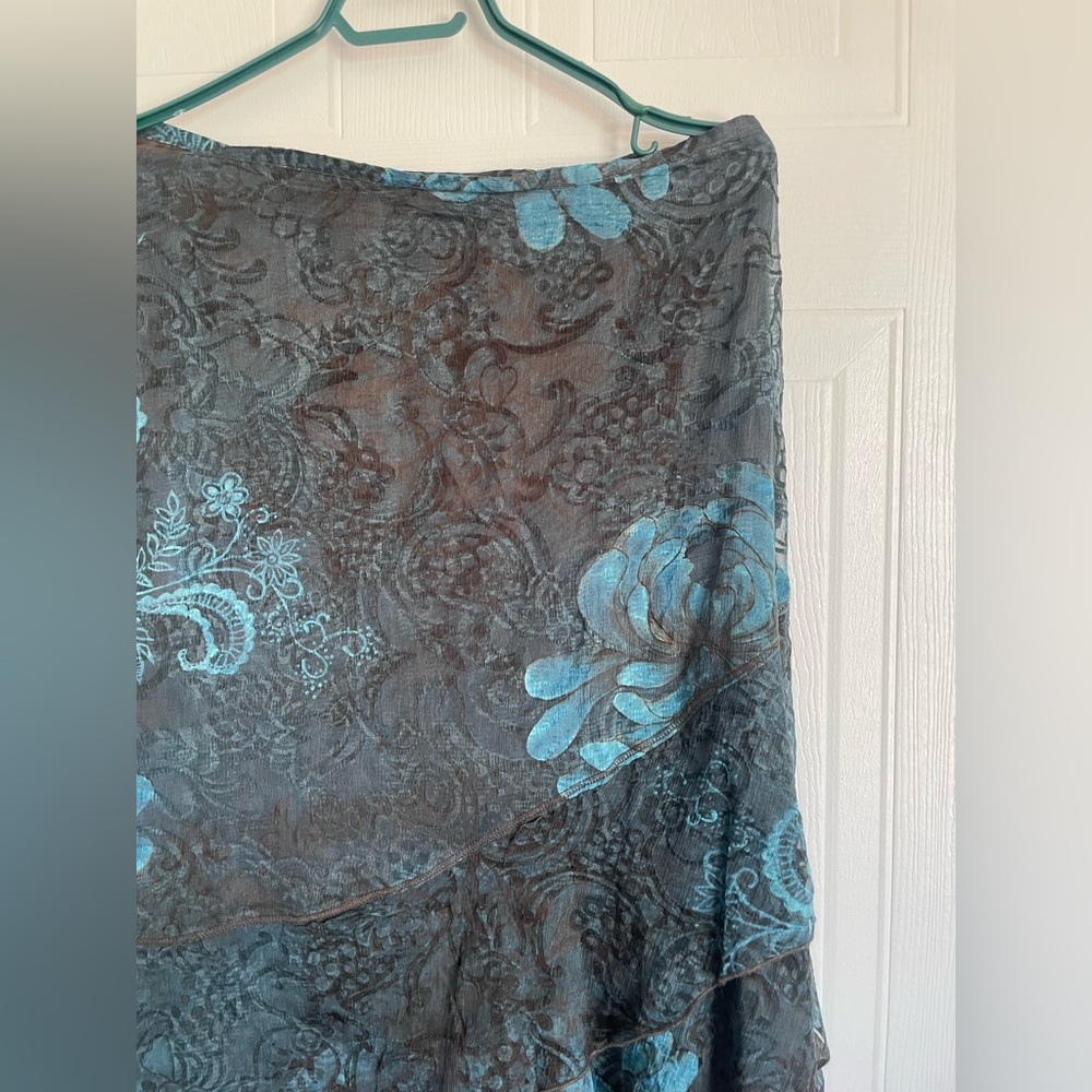 Floral Chiffon Ruffle Skirt Brown Teal S8 - Picture 4 of 15